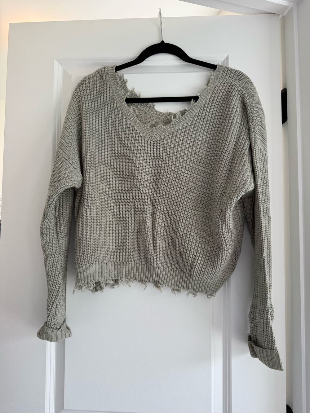 Distressed V-Neck Women’s Sweater in Light Gray/Green